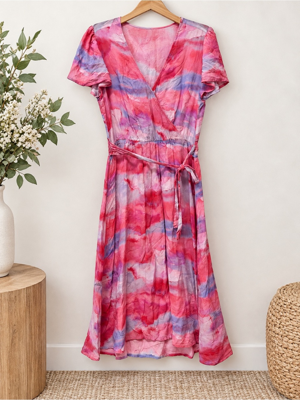 Cloth & Stone Pink Purple Watercolor Wrap Midi Dress